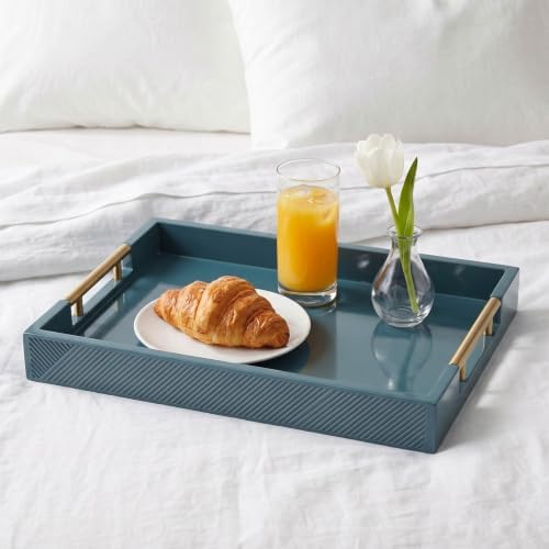 Decorative Serving Tray, Modern Rectangle Wood Tray with Polished Metal Handles, Glossy Finish, 16.5x12 Inch, for Coffee Table, Ottoman (Teal) - Image 7