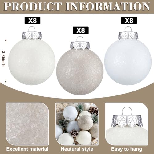 24 Pcs Neutral Textured Sugar Christmas Ornaments 2.36'' Cream Beige White - Image 3