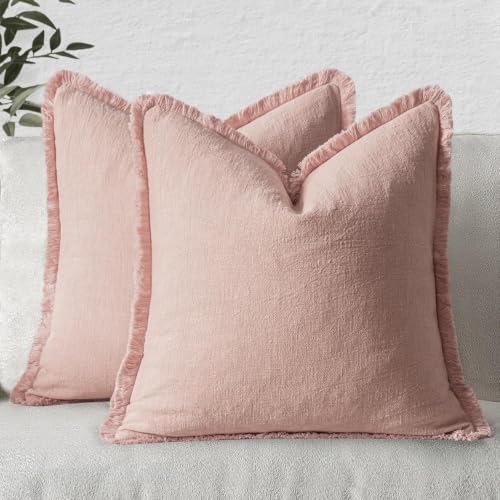 MIULEE Boho Linen Fringe Decorative Euro Throw Pillow Covers Pink 26x26 by MIULEE
