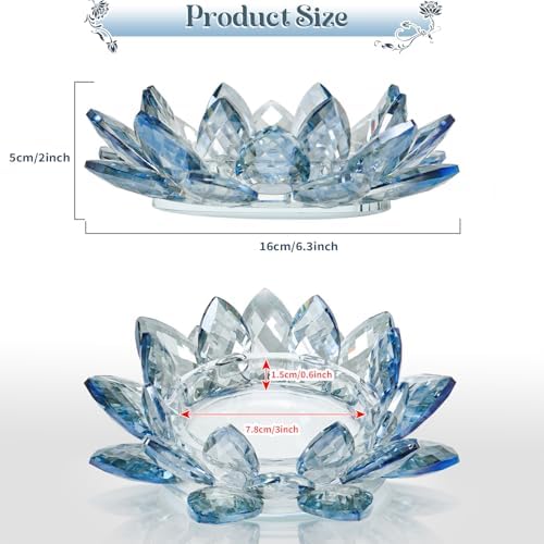 Large Crystal Lotus Tealight Candle Holder for Up to 6" Diameter Pillar Candle Plate Candlestick,Chunky Glass Votive Stand for Wedding, Party, Table Centerpiece Decor and Yoga Meditation (2, Blue) - Image 2