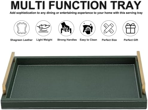 XIGEXIGE Green Decorative Serving Tray,Rectangular Tray for Coffee Table,Faux Leather Serving Tray with Handles for Ottoman,Shagreen Leather Tray for Bathroom - Image 3