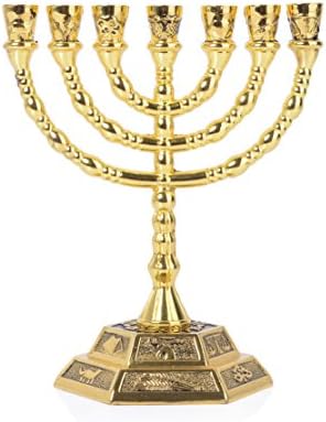 BRTAGG 12 Tribes of Israel Menorah, Jerusalem Temple 7 Branch Jewish Candle Holder (8 Inches, Gold) by BRTAGG