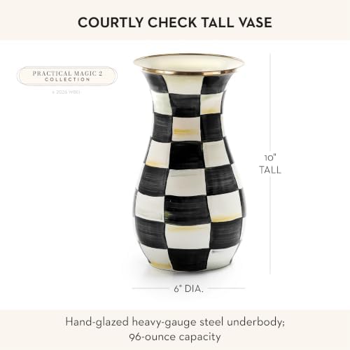 MACKENZIE-CHILDS Enamel Tall Vase, Black-and-White Courtly Check - Image 4
