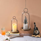 12" High Versatile Rustic Brown Metal Candle Holder with Handmade Sturdy Glass Dome and Shabby Brown Wooden Base for Pillar Candle & Plants, Industrial, Farmhouse, Decorative Display Cloche Bell Jars - Image 6
