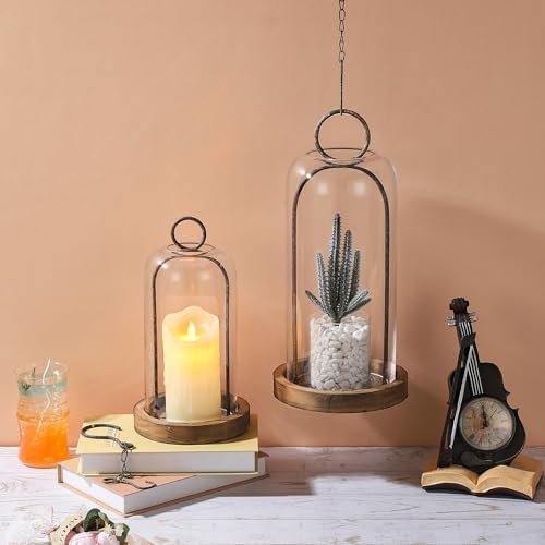 12" High Versatile Rustic Brown Metal Candle Holder with Handmade Sturdy Glass Dome and Shabby Brown Wooden Base for Pillar Candle & Plants, Industrial, Farmhouse, Decorative Display Cloche Bell Jars - Image 6