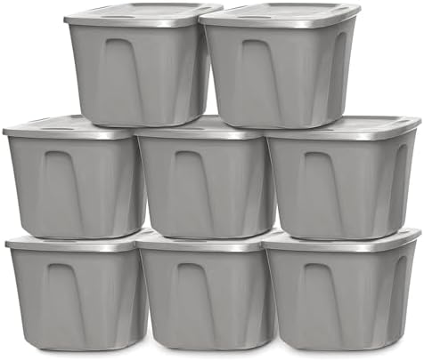 HOMZ 8-Pack Durable Molded Bin, Plastic Storage Containers with Lids, 10 Gallon, Silver - Stackable Organizer Totes and Boxes for Bedroom, Kitchen, and Garage Organization by Homz