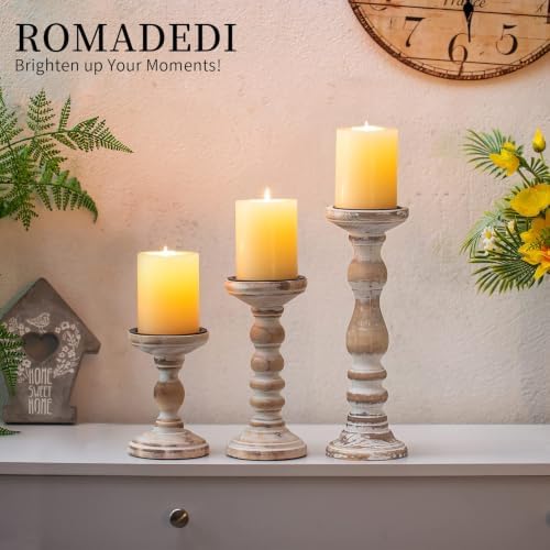 Romadedi Rustic Whitewashed Solid Wood Pillar Candle Holders, Set of 3 - Image 2