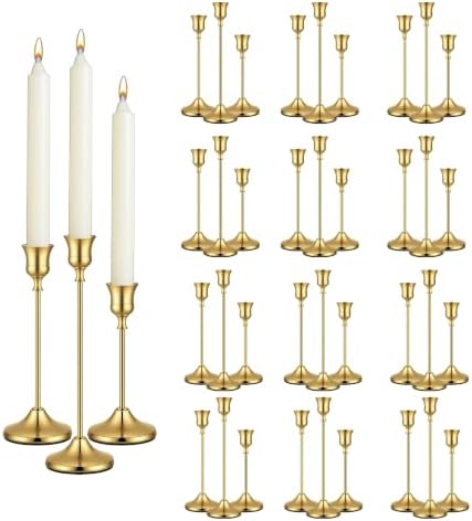 36 Pack Gold Taper Candle Holders, Bulk Metal Candlestick Holders in 3 Heights for Wedding Table Centerpieces, Receptions, Parties, Dining Tables and Home Decor by LZUPF