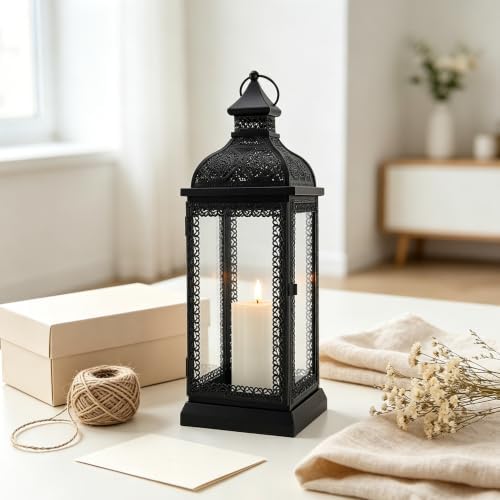 TRIROCKS Rustic Style Metal Candle Lantern 19'' High Decorative Hanging Lantern Candle Holder with Tempered Glass for Christmas Living Room Garden Yard Patio Parties Events Indoors Outdoors(Black) - Image 5