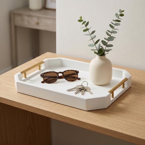 Decorative Wood Serving Tray with Polished Gold Handles, Octagon MDF Tray, Glossy Finish, 16x12 Inch, for Coffee Table, Ottoman (White) - Image 6