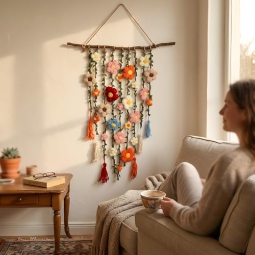 Handmade Crochet Flower Wall Hanging, Boho Macrame Wall Hanging Decor, Cotton Crochet Flowers for Bedroom Living Room Nursery, Cascading Floral Wall Art, Bohemian Farmhouse Wall Decor, 19.69x31.5 Inches - Image 3