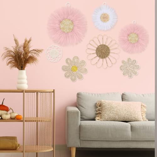 Chunful 7 Pcs Boho Wall Basket Decor Rattan Flower, Pink - Image 6