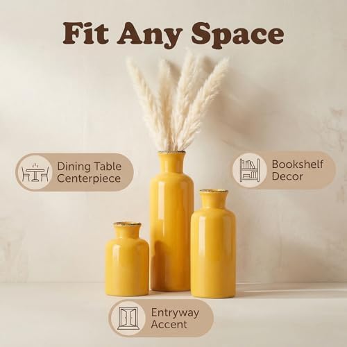 CwlwGO- Yellow Ceramic Vase Set,Modern Decorative Vases for Home Decor, Kitchen&Living Room Table Décor,Fireplace & Entrance centerpieces Decorations. - Image 3