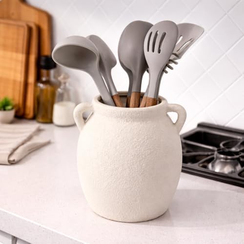 Dobbyby Ceramic Flower Vase 7.6 inch Farmhouse Rustic Vase Decorative Pottery Terracotta Vases for Home Decor Table Mantle Fireplace Living Room Bathroom Wedding Centerpiece (White-Upgraded) - Image 6