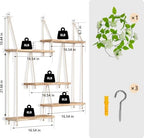 Hanging Shelves for Wall,Macrame Hanging Plant Shelf with Vine Lights 5 Tier Rope Floating Shelf Wood Organizer Storage Rack Boho Wall Decor Aesthetic for Succulents Bedroom Bathroom Kitchen - Image 3