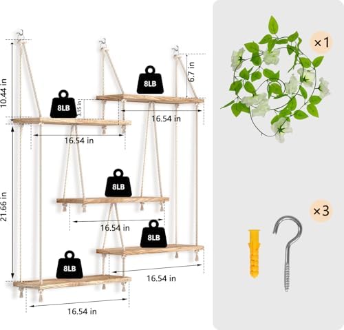 Hanging Shelves for Wall,Macrame Hanging Plant Shelf with Vine Lights 5 Tier Rope Floating Shelf Wood Organizer Storage Rack Boho Wall Decor Aesthetic for Succulents Bedroom Bathroom Kitchen - Image 3