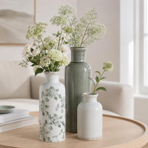 Green Vintage Vase Set of 3, Flower Decorative Vase Home Decor Retro Floral Vase Ceramic Vase Set Chinoiserie Decor for Fireplace Kitchen Counter Living Room (Vintage-Geen) - Image 6