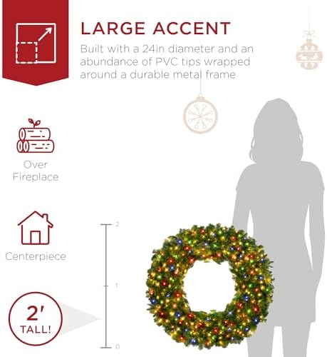 Best Choice Products 24in Large Artificial Pre-Lit Fir Christmas Wreath Holiday Accent Decoration w/ 50 Multicolor Lights, 100 PVC Tips - Image 4