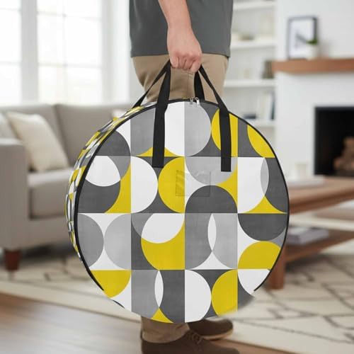 Vintage Mid-Century Round Storage Bag 24 Inch, Modern Abstract Geometric Yellow Gray Clothes Storage Container with Handles Heavy Duty Organizer for Comforter, Bedding & Holiday Wreaths - Image 2