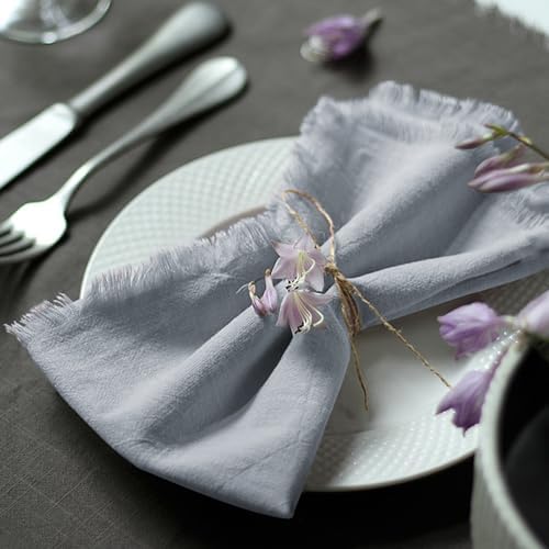 Handmade Cloth Napkins 100% Cotton Napkins with Fringe，Delicate Handmade Cloth Napkins for Dinners, Parties, Weddings and More，18 x 18 Inch Set of 12 - Light Grey by Ayuzawa