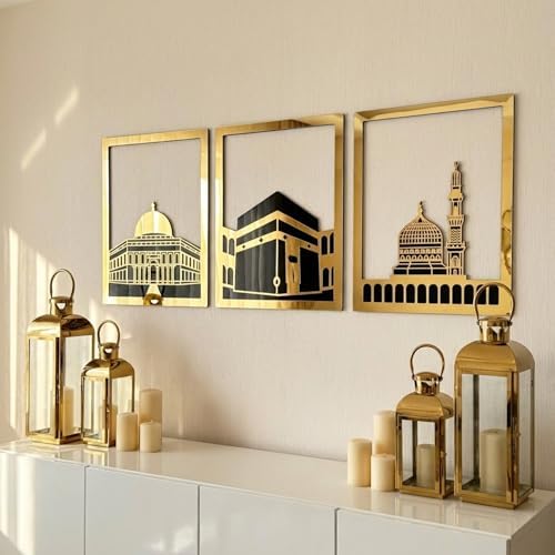 iwa concept Masjid Al Aqsa, Kaaba & Masjid An-Nabawi Islamic Wall Art, Wooden Blessed Places Islamic Wall Decor, Gift for Muslims at Ramadan Eid (Small, Gold | All Three) - Image 6