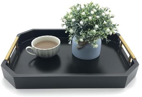 Serving Tray with Polished Metal Handles, Hexagon Coffee Table Tray, Modern Rectangle Decorative Tray, Large Ottoman Tray, Perfect for Storage and Display (Black Rectangle) - Image 2