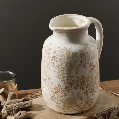 Ceramic Vintage Vase Flower Decorative Vase Chinoiserie Decor Rustic Farmhouse Retro Floral Vases for Table Bookshelf Mantel Kitchen Living Room Office - 9.5" Brown by ooit