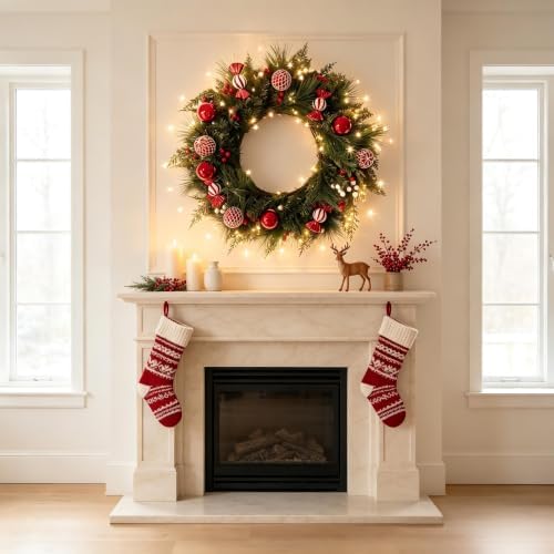 HipTree 24 Inch Lighted Christmas Wreath for Front Door,Red White - Image 6