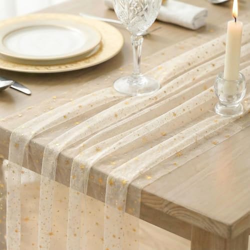 Artoid Mode 6PC Gold Stars Beige Gauze Table Runner 120 Inch 10FT, Reversible Glitter Sheer Dining Wedding Holiday Birthday Table Decor for Home Party - Image 3