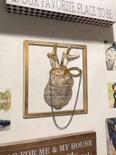 Newinhome Animal Heads Wall Decor (Includes Metal Frame) Resin Animals Sculptures Head Wall Hanging Decoration Gold vintage Wall Sculpture for Living Room Bedroom Office(Jackalope) - Image 2