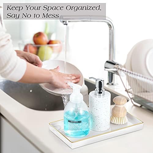 Emibele Ceramic Vanity Tray, Marble Decor Tray Bathtub Toilet Tank, Vanity Bathroom Tray Organizer Jewelry Storage Dresser Tray for Lotion Bottle,Perfume,Jewelry, 11.22 x 6.50 x 0.98Inch, White Marble - Image 2