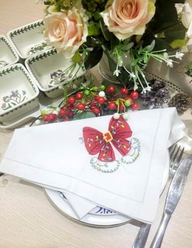Embroidered Cloth Napkin Red Bow Christmas Cotton Napkins Set of 6, 20x20 Hemstitch Table Napkins, Machine Washable, Daily & Holidays, Great Gift Ideas - Image 4