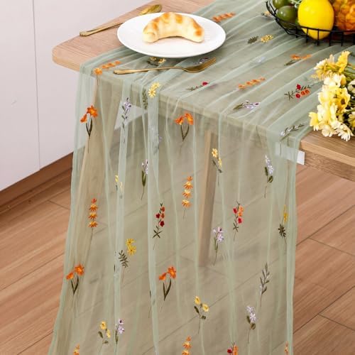 Boao 3 Pcs Wildflower Table Runner Embroidery Tulle Spring Summer Table Runner 120 Inch 10 ft Kitchen Dining Decoration for Wedding Baby Shower Bridal Shower Home Decor Birthday Party (Sage Green) - Image 4