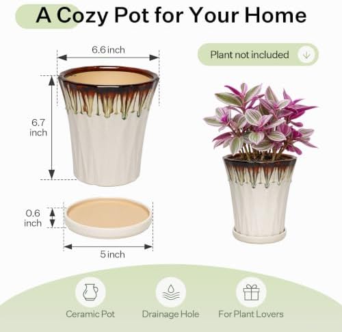 6.6 Inch Ceramic Planters with Drainage Hole and Saucer,Indoor Outdoor Large Flower Pots, Garden Pot for Plant Lovers (Drip White) - Image 6
