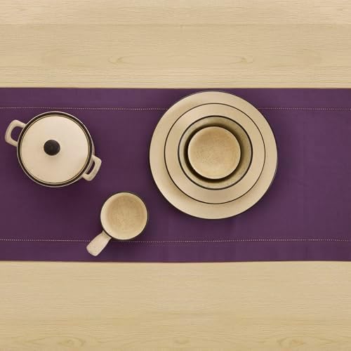 Solino Home Cotton Linen Table Runner Purple Hemstitch, 14 x 120 in - Image 3
