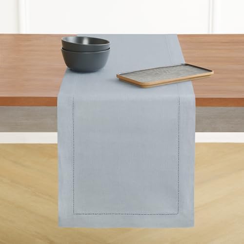 Solino Home 100% Pure Linen Table Runner Dusty Blue Hemstitch, 14 x 144 in by SolinoHome