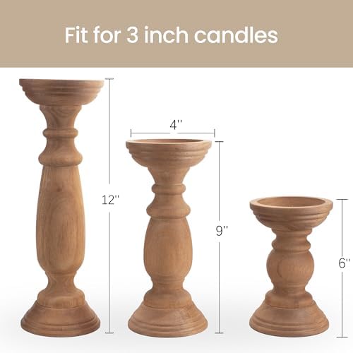 BANOMII Rustic Wooden Pillar Candle Holders Set of 3, 12'' 9'' 6'' Farmhouse Wood Candle Stand for Table Centerpieces, Vintage Tall Candleholders Fireplace Mantel Decor for Living Room, Brown - Image 6