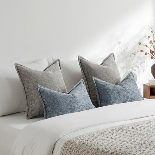 DEZENE Pack of 2 Light Gray Euro Shams Pillow Covers 26x26 Cozy Soft Chenille Decorative Throw Pillow Covers Accent Vintage Square Couch Pillow Covers for Home Decor Bed Sofa Living Room - Image 5