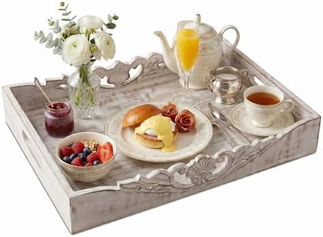 Mela Artisans Orchid Mango Wood Serving Tray - Distressed White, 16x12 in by MelaArtisans