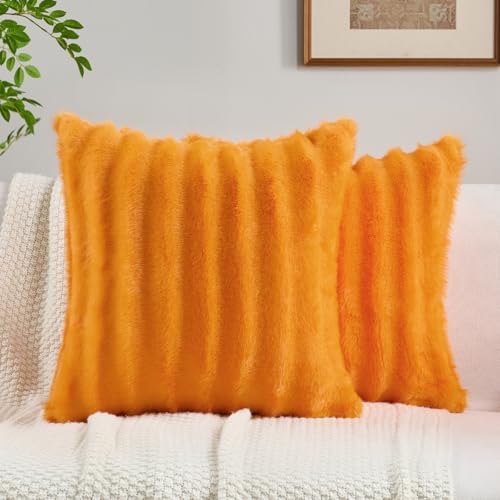 FUTEI Pack of 2 Faux Mink Fur Throw Pillow Covers 26x26 Inch, Orange by FUTEI