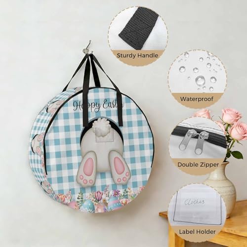 30 Inch Round Storage Bag 1 Pack,Easter Day Bunny Tail Blue Check Waterproof Wreath Storage Container with Handles&Zipper Spring Cute Rabbit White Grid Closet Organizer Bags Garland Box - Image 5