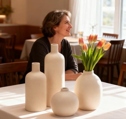 Ceramic Vase Set of 4, Classic Beige White Matte Vases Home Decorations for Table Shelf Office Centerpieces Decor - Image 5