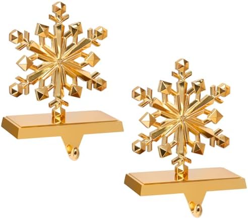 Hxezoc 2 Pack Gold Snowflake Christmas Stocking Holders, Metal Mantel Stocking Hangers for Christmas Fireplace Mantel Decorations Christmas Holiday Supplies by Hxezoc