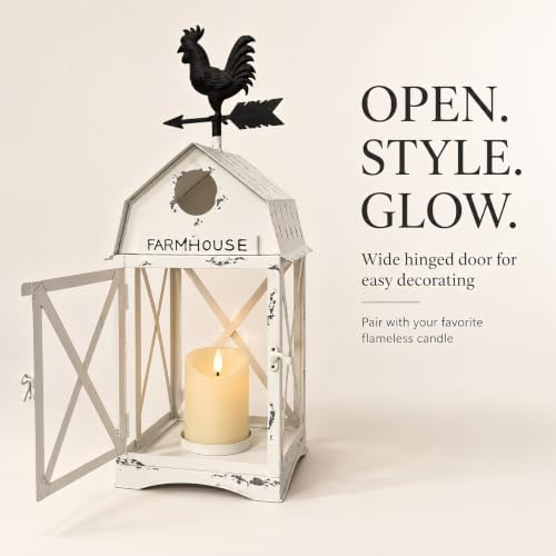 Farmhouse Decorative Lantern with Rooster Top, White Metal Candle Holder - Image 2