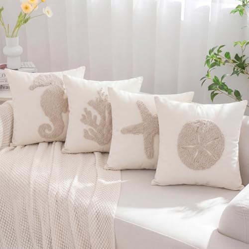 4 Pcs Coastal Beach Pillow Covers 18x18 Starfish Seahorse Coral Sand Dollar Embroidery Nautical Throw Pillow Covers Cushion Cases for Bedroom Sofa Ocean Summer Theme Holiday Home Decoration - Image 4