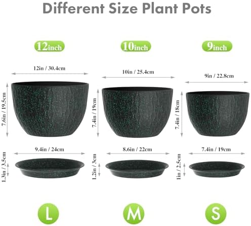Meowell 12/10/9 inch Large Plant Pots, 3 Pack Wide Flower Pots for Outdoor Indoor Plants, Water Ripples Plastic Planters with Drainage Holes and Saucers for Garden House, Black with Green Speckles - Image 2