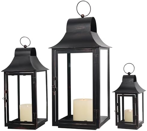 Lanterns Decorative Indoor & Outdoor, 22'' 16'' 11'' Large Candle Lanterns Decorative for Front Porch, Metal Frame Square Holders with Glass, Vintage Patio, Garden, Yard Spring Decor by DECORKEY
