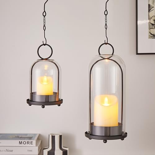 Candle Holder Lanterns, Handcrafted Metal & Glass with Modern Aesthetic Design, Hurricane Pillar Candlestick Holders, Table or Hanging Decorations Set of 2, 5.1" & 4.4" Diameter, Black - Image 5