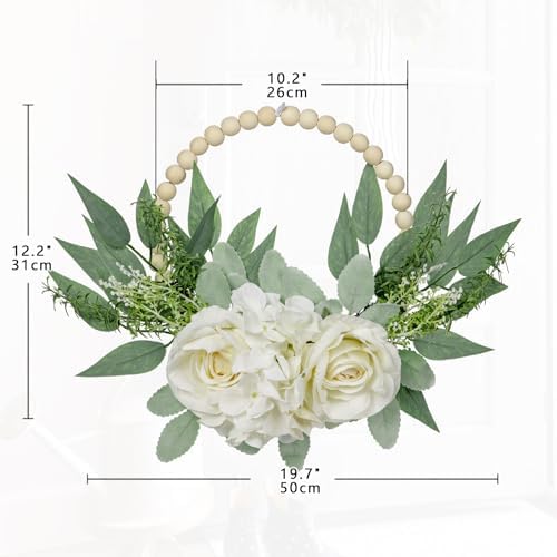 Spring Wreaths for Front Door 10" Artificial Floral Wood Bead Wreaths Eucalyptus Leaves Rose Hydrangea Wreath for Front Door Boho Farmhouse Wall Decor 2 Pack - White - Image 2