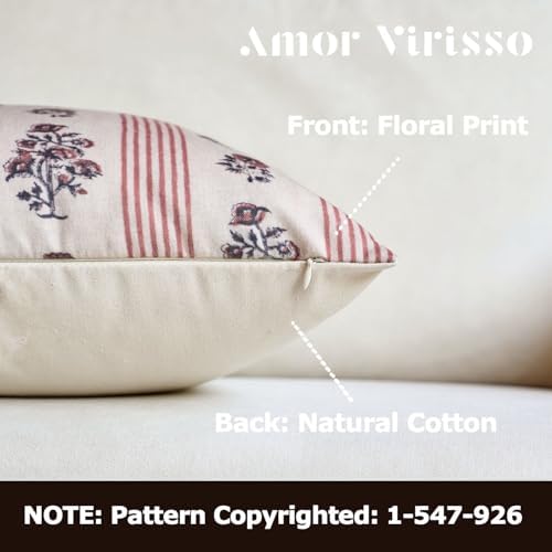 Amor Virisso Floral Throw Pillow Covers 20x20 Set of 2 Block Print Pillow Covers Neutral Floral Striped Farmhouse Decorative Pillow Covers for Sofa Couch Bed, Red - Image 2